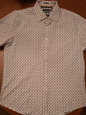 Cactus Man White Short-Sleeve Button-Down Shirt with Navy Geo Print